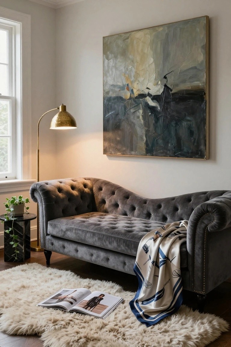 Gray tufted velvet chaise lounge in a light gray room corner next to a window, with brass arc floor lamp lit, large abstract painting on wall, black side table holding potted plant, open magazine and silk scarf on white shag rug.