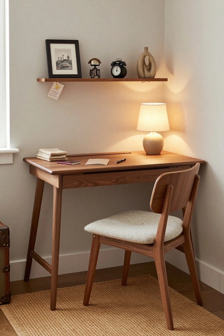 A light wooden corner desk with tapered legs and a drawer, holding stacked beige cloths, a red passport, open white envelope, and black pen, paired with a matching wooden chair with cream fabric seat, next to a floating wood shelf displaying a city photo, metal sculpture, black clock, beige vase, hanging tag, and fabric lamp in a beige room corner with trunk and rug nearby.