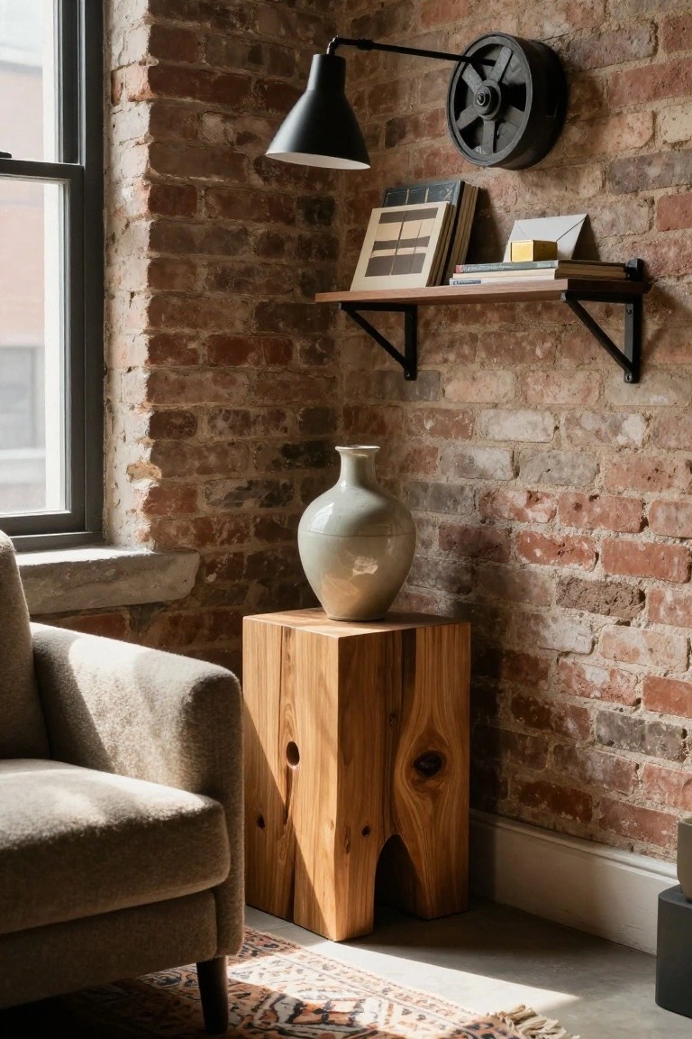 Exposed brick interior corner with a beige upholstered armchair, wooden stool side table topped by a gray ceramic vase, wall shelf holding books and papers, adjustable black lamp, and a large window.