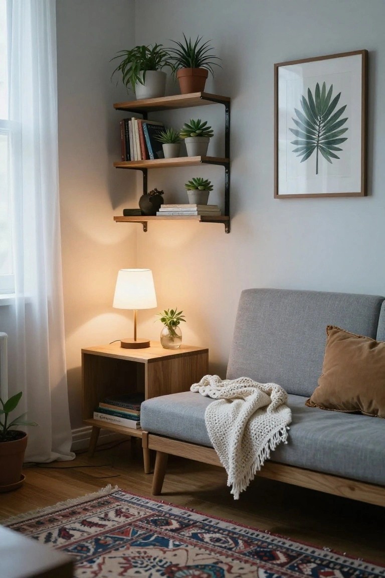 Gray fabric sofa in a light gray room corner with white sheer curtains on window, wooden wall-mounted shelves holding potted plants and books, wooden side table with lamp and vase, throw blanket on sofa, and framed leaf artwork on wall.