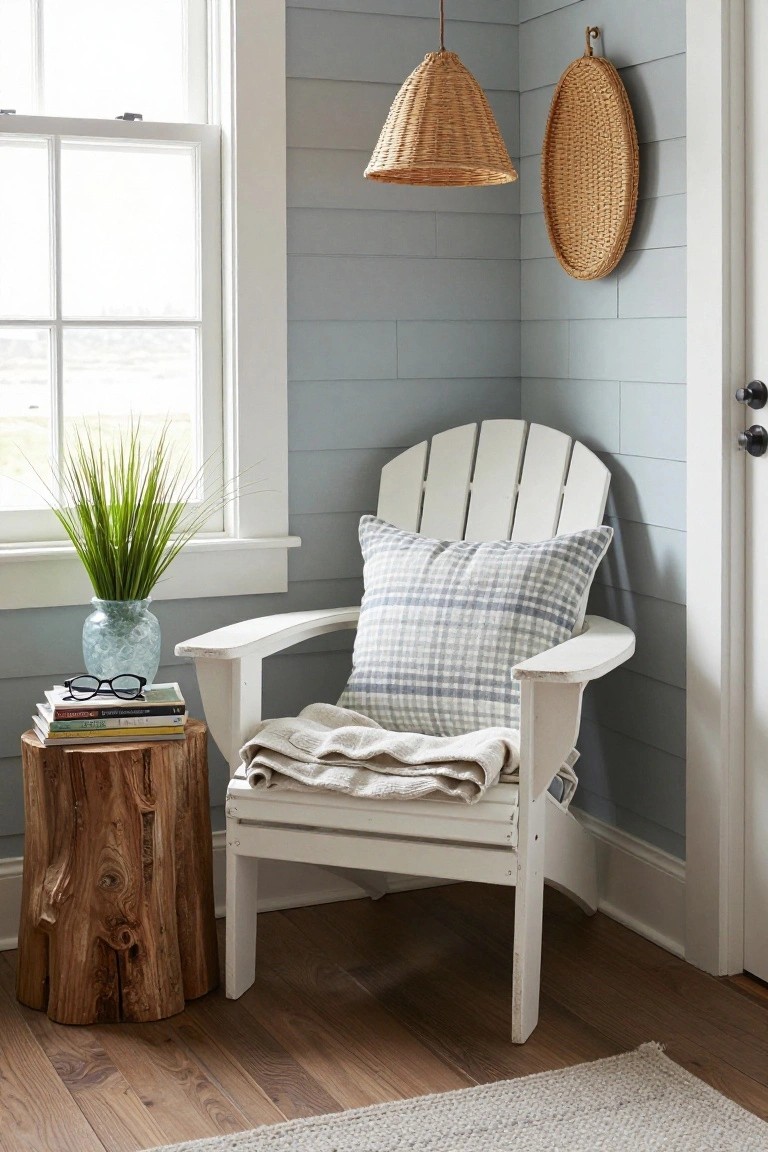 White Adirondack chair with plaid pillow and cream throw in a corner of a room with light blue shiplap walls, next to a wooden stump table holding stacked books, eyeglasses, and a glass vase of tall green grass, under a hanging rattan lamp.
