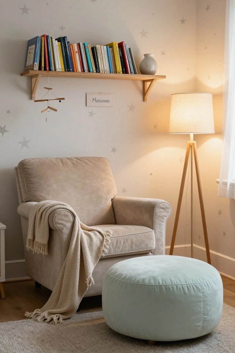 Beige velvet armchair with cream fringed throw blanket draped over arm and back, light blue velvet pouf ottoman in front, wooden wall shelf with children's books and vase above, tripod floor lamp, and star wall decals in a light nursery corner.