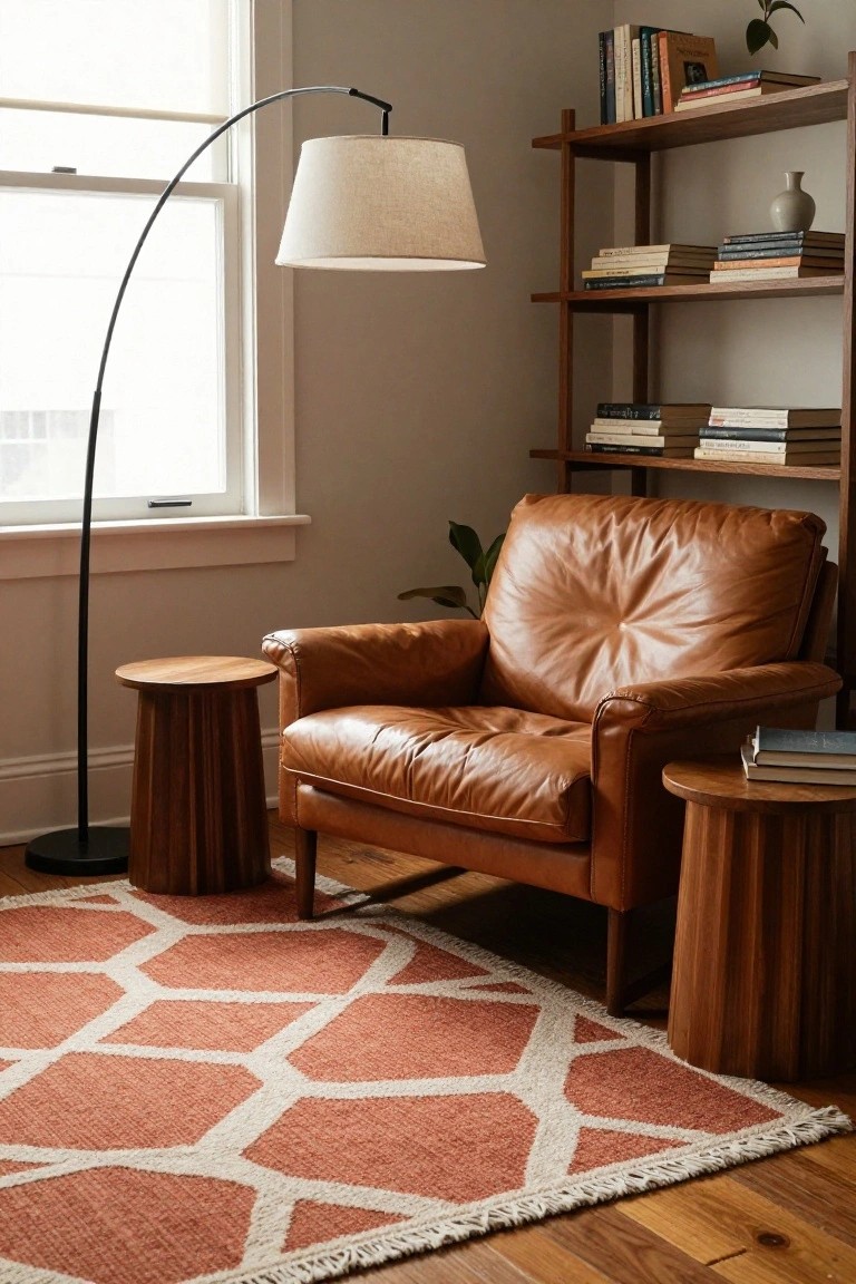 Interior corner with tan leather armchair, black arc floor lamp, two wooden pedestal side tables, wooden bookshelves with books and vase, potted plant, and orange and white geometric rug on hardwood floor.