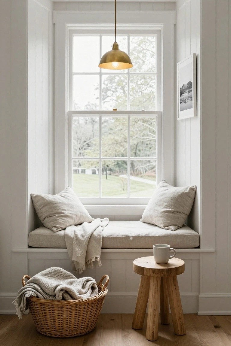 White cushioned window bench with beige pillows and folded throw blanket, wooden stool holding a white mug, wicker basket with blankets on hardwood floor next to large multi-pane window showing trees and yard outside.
