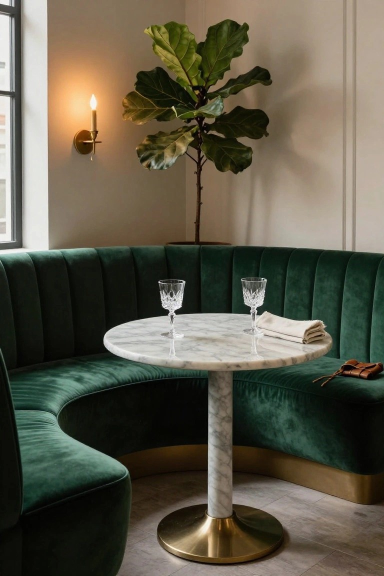 Curved emerald green velvet banquette surrounding a small round white marble pedestal table with brass base, set with two crystal wine glasses, linen napkins, and a leather pouch, next to a large potted fiddle leaf fig plant and wall-mounted candle sconce in an interior room corner.