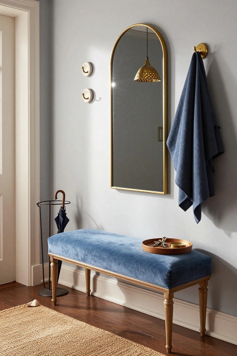 Narrow indoor entryway with light gray walls, blue velvet bench on wood legs, gold arched mirror with pendant light, brass umbrella stand holding black umbrella, navy towel on gold hook, and wooden tray with keys on bench.