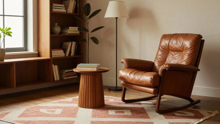 22 Elegant Seating Ideas That Upgrade Any Corner Interior corner with tan leather armchair, black arc floor lamp, two wooden pedestal side tables, wooden bookshelves with books and vase, potted plant, and orange and white geometric rug on hardwood floor.