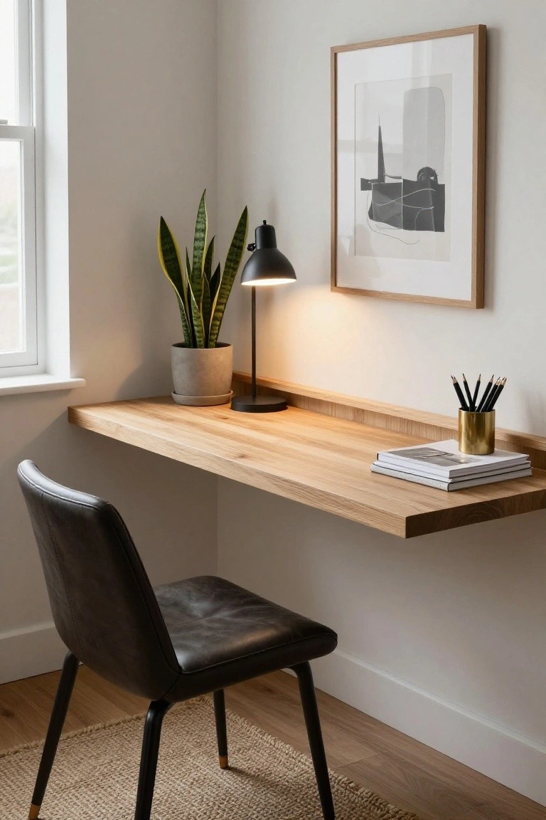 Floating oak wood desk shelf mounted on white wall in room corner, with black lamp, gray potted snake plant, gold cup of pencils, stack of white books, leather chair underneath, abstract line art in oak frame on wall, and window nearby.
