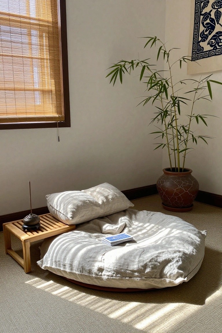 A large round beige linen floor cushion with pillows sits on tatami-style flooring in a minimalist room corner, next to a wooden incense stand, bamboo plant in a cracked terracotta pot, and bamboo blinds on the window.