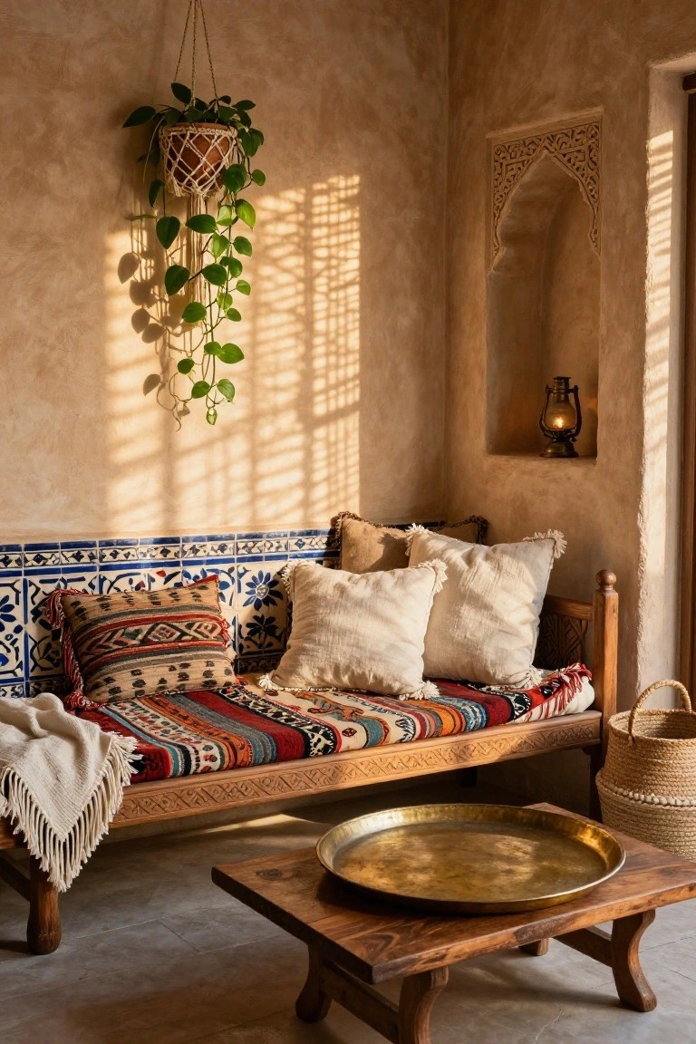 Sunlit indoor corner with low carved wooden bench piled with colorful patterned cushions, white pillows, fringe throw, wooden low table holding brass tray, hanging plant in macrame pot, and wall niche containing brass lantern.