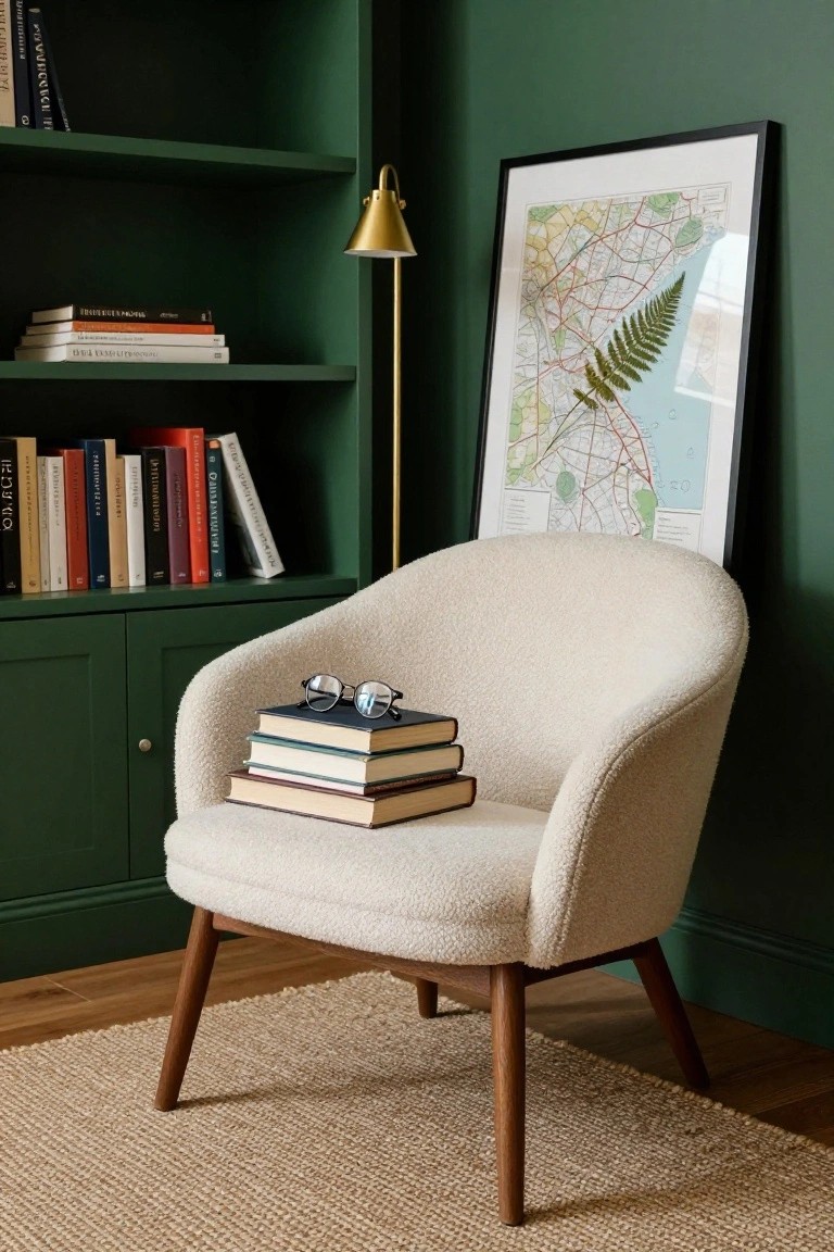Cream bouclé armchair with wooden legs in front of green bookshelves and cabinets, stacks of books and eyeglasses on the seat, brass floor lamp beside it, and framed map on the wall.