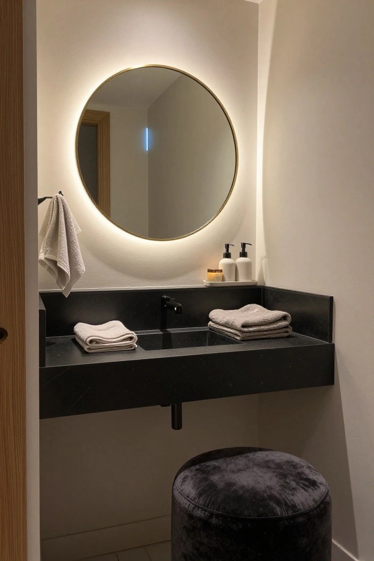 Modern bathroom corner with black floating marble vanity, matte black faucet, gold round backlit mirror, folded white towels, soap dispensers, hanging towel, and black velvet pouf stool.