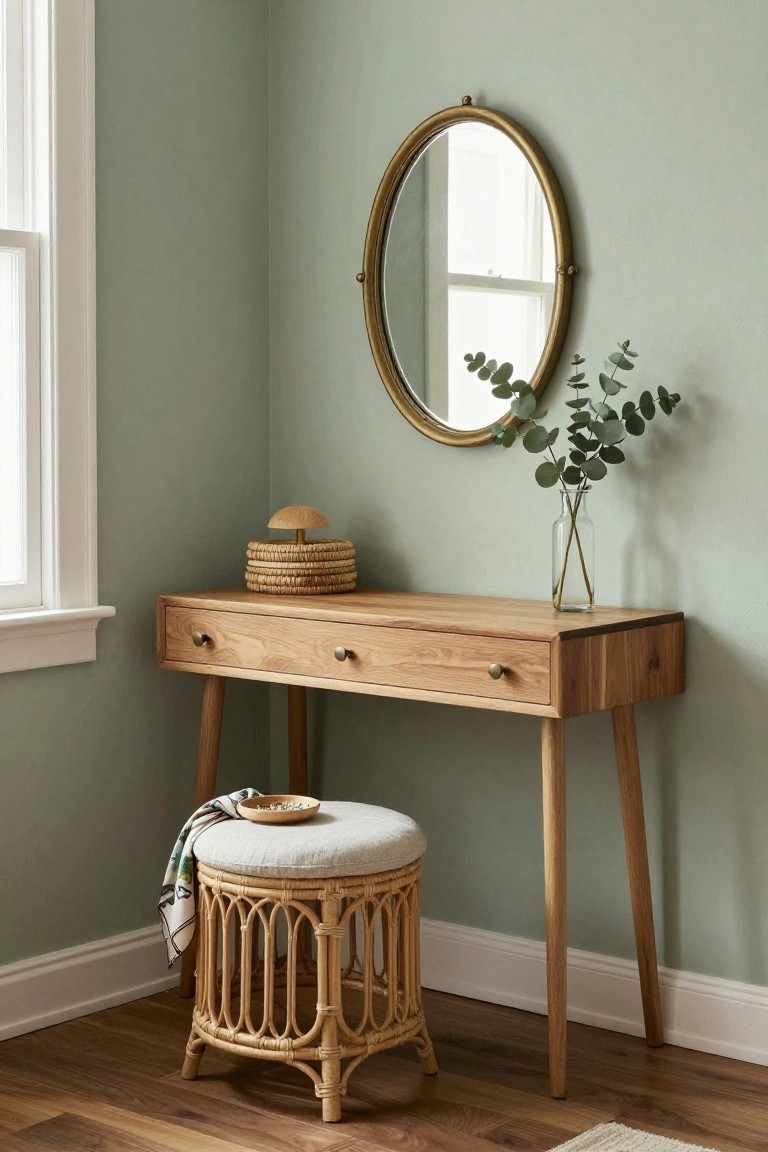 Light wooden console desk with two brass-handled drawers in a sage green corner room, topped with woven coasters and glass vase, beside gold round wall mirror with eucalyptus and rattan stool with white cushion.
