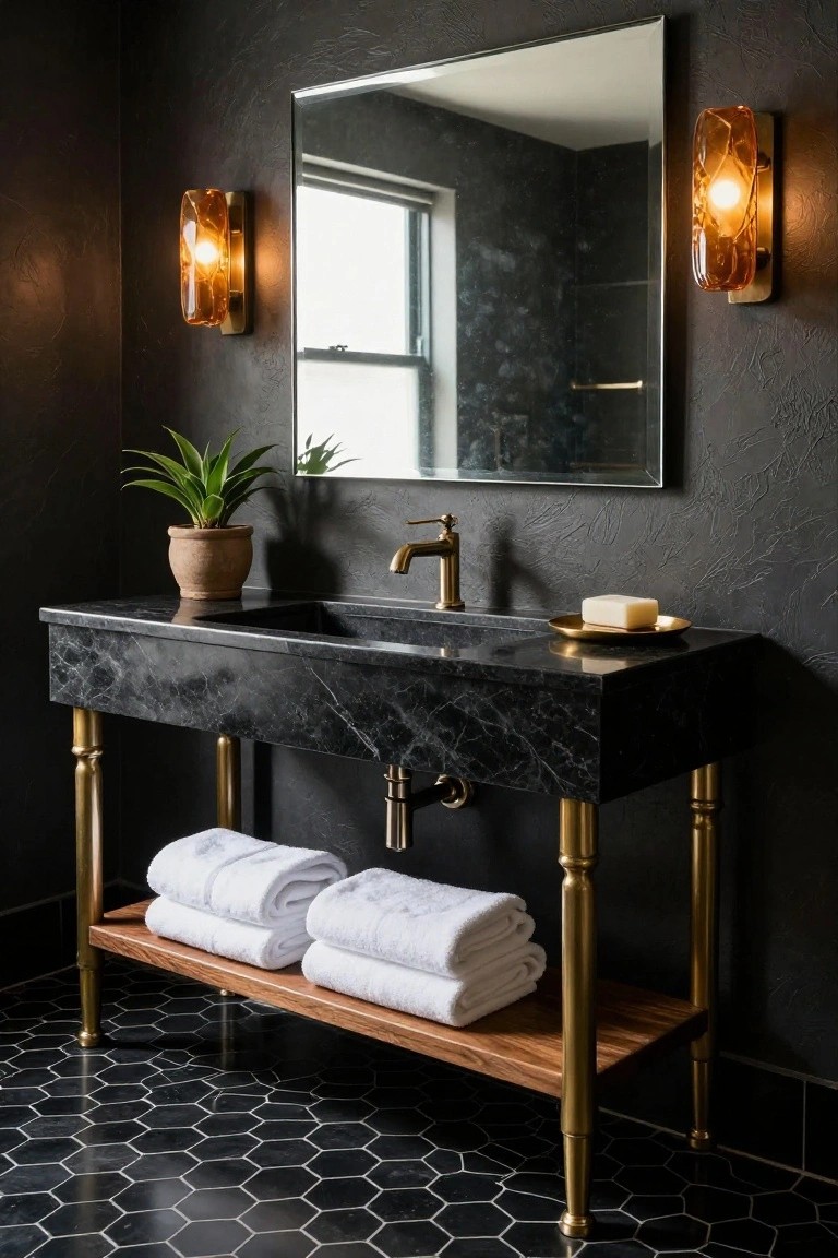Black marble console vanity with integrated sink and brass legs on a wood shelf holding folded white towels, amber glass sconces on dark textured walls, and black hexagonal floor tiles in a bathroom.