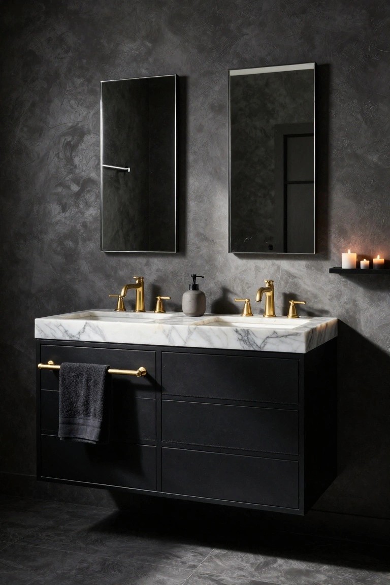 Modern bathroom featuring a floating black cabinet vanity with white veined marble countertop, two gold faucets, soap dispenser, black towels, two rectangular mirrors, and candles on a gray textured wall.