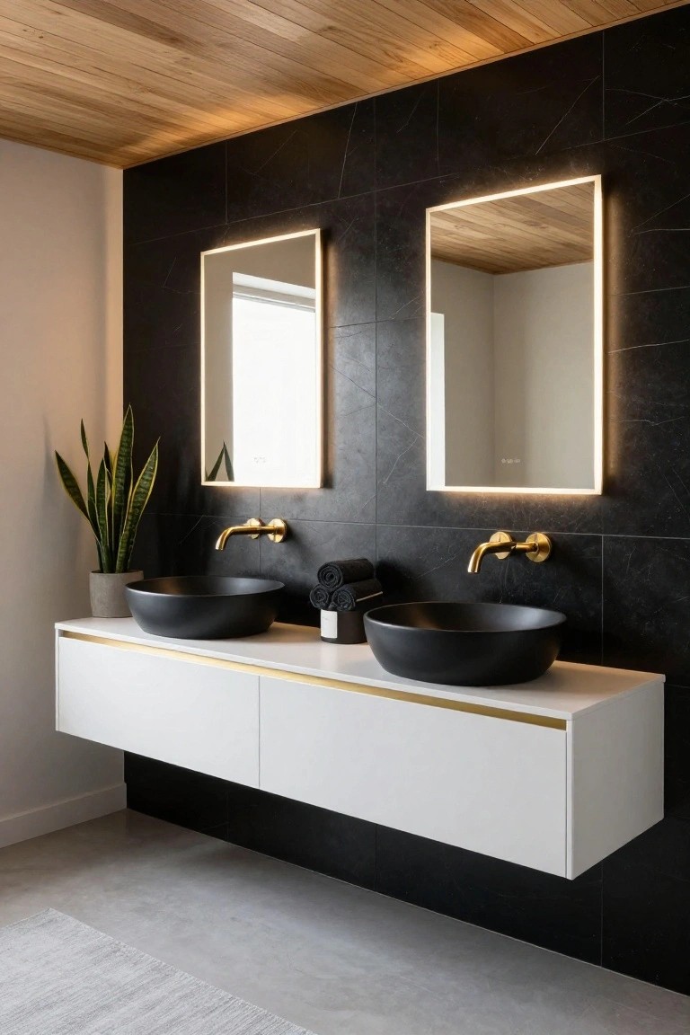 Modern bathroom featuring a white floating double vanity with two large matte black vessel sinks, gold wall-mounted faucets, black marble tile walls, two backlit mirrors, wooden ceiling, snake plant, and light gray floor.