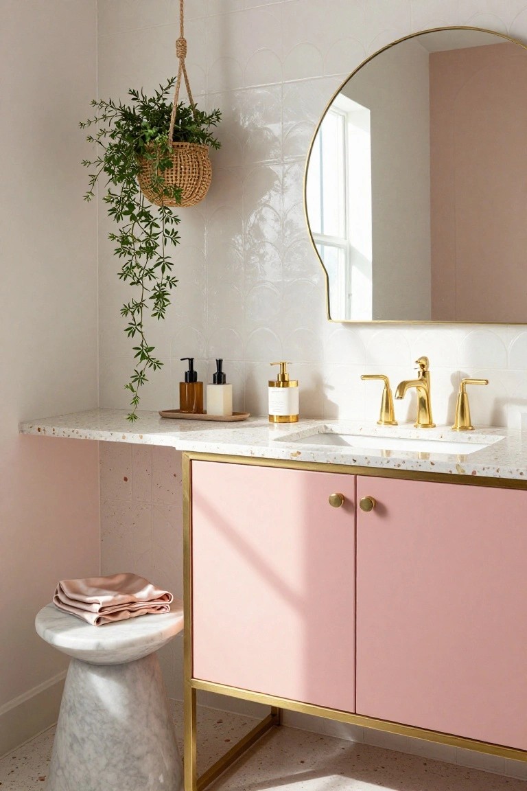 Bathroom vanity with blush pink cabinets framed in gold, terrazzo countertop, gold faucet and handles, round gold-framed mirror, hanging plant basket, and folded towels on a marble stool.