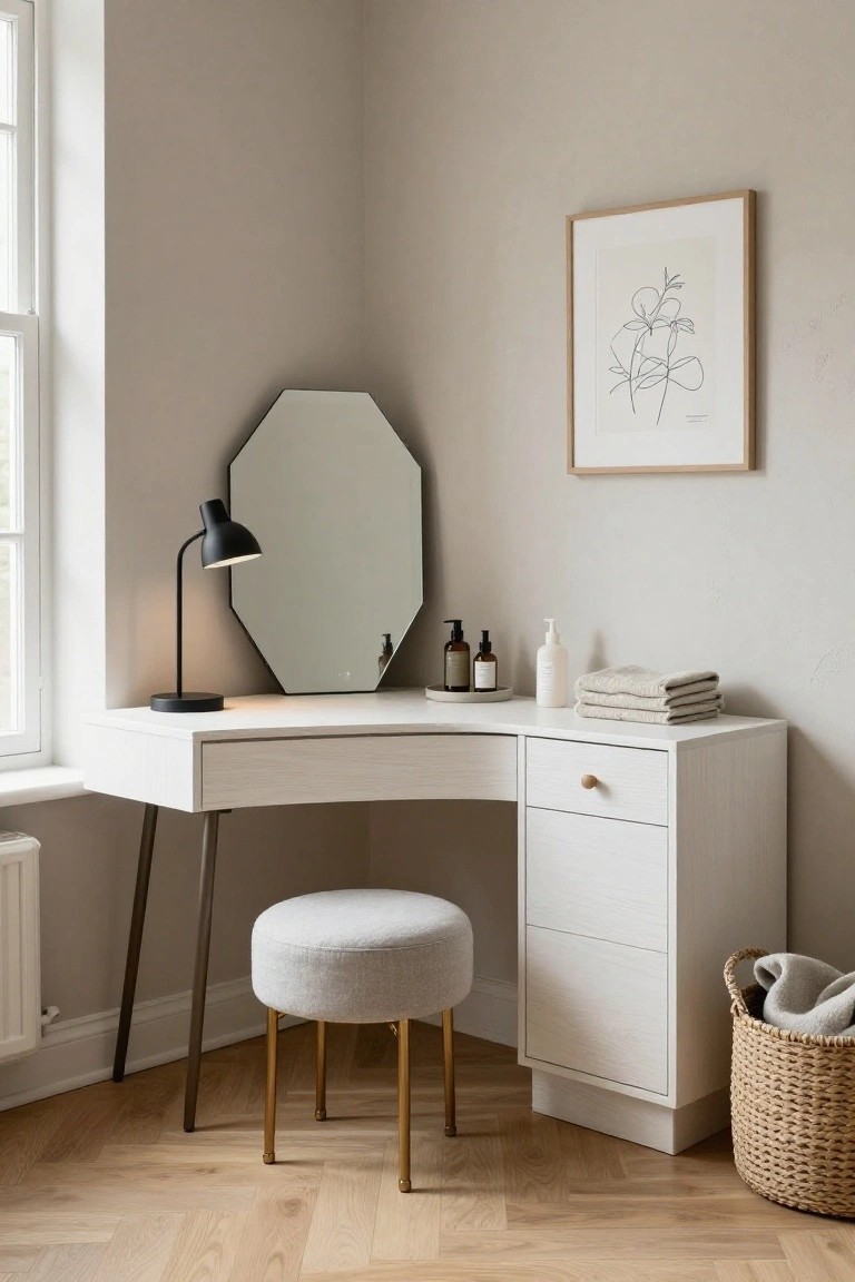 White L-shaped corner vanity desk with octagonal mirror, black gooseneck lamp, skincare bottles, folded towels, and beige pouf stool on gold legs in a beige room with light wood floors.