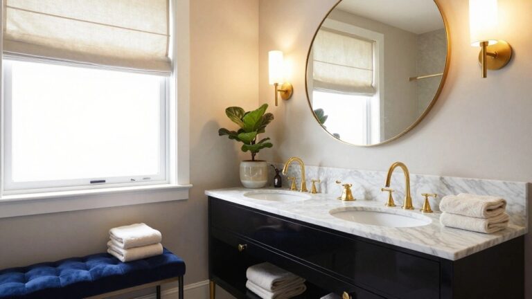 Glossy black double sink vanity with white marble countertop and gold faucets in a bathroom, flanked by round gold-framed mirrors, wall sconces, potted fiddle leaf fig plants, stacked towels, and a blue velvet stool on marble floor.