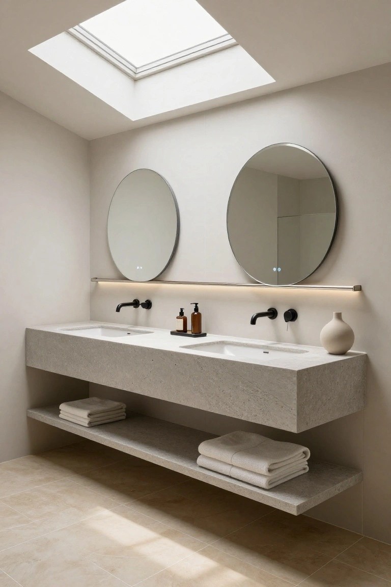 Modern bathroom with floating gray textured stone double vanity, two round backlit mirrors above black wall faucets, open shelf holding folded white towels below, beige tile floor and skylight overhead.