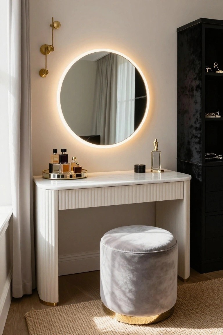 White curved vanity dresser with fluted sides and marble top holding perfume bottles on a gold tray, round backlit mirror above, gray velvet stool in front, black shelving nearby in a bedroom.
