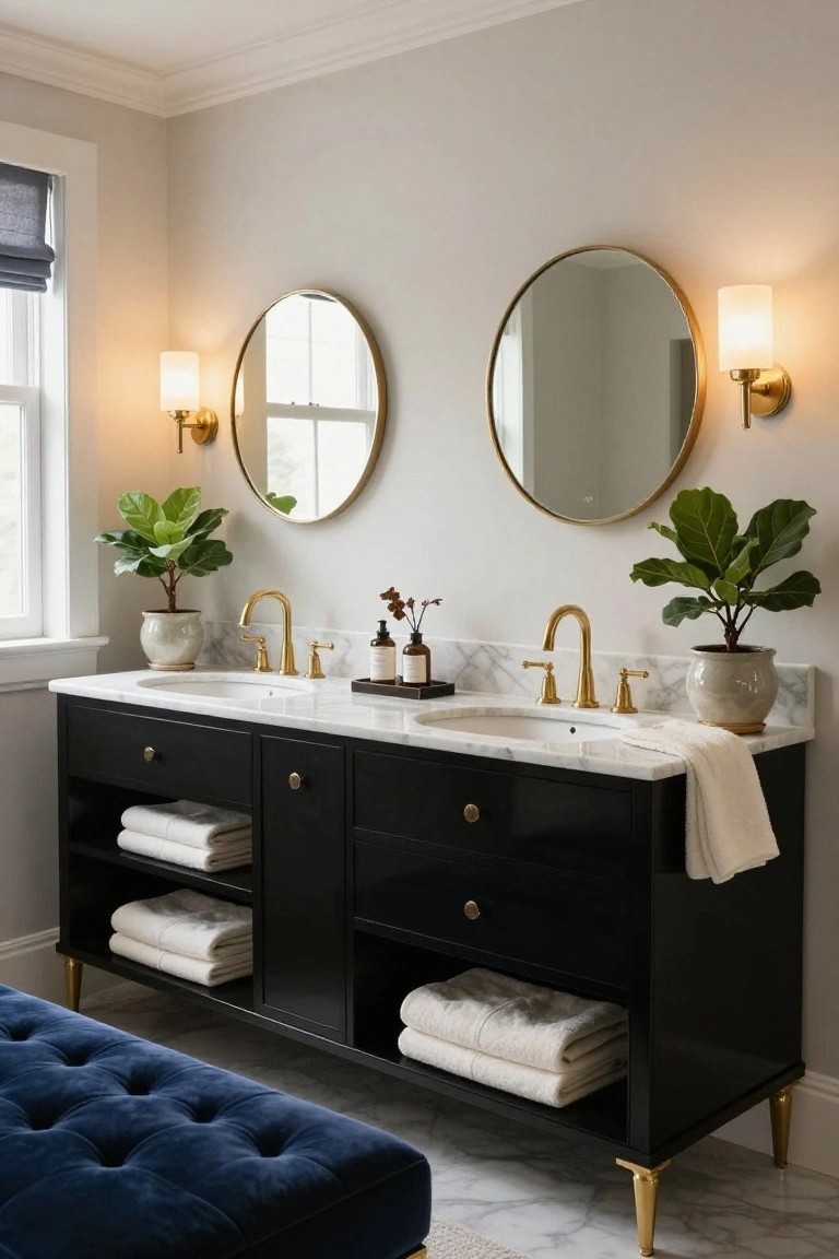 Glossy black double sink vanity with white marble countertop and gold faucets in a bathroom, flanked by round gold-framed mirrors, wall sconces, potted fiddle leaf fig plants, stacked towels, and a blue velvet stool on marble floor.