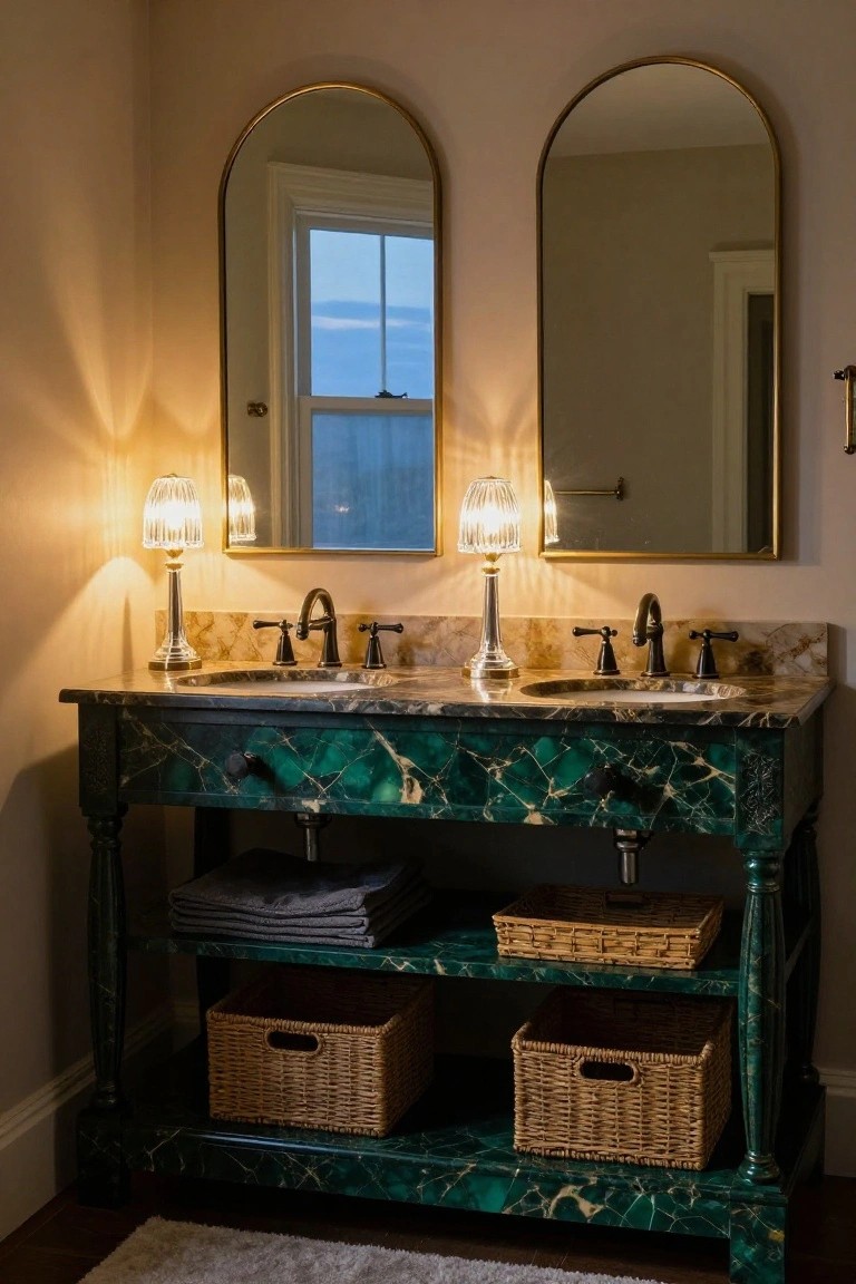 Bathroom double vanity with green veined marble cabinetry and countertop, two white sinks with black faucets, flanked by arched gold mirrors and pleated glass lamps, wicker baskets on open shelves below, beige walls and window in background.