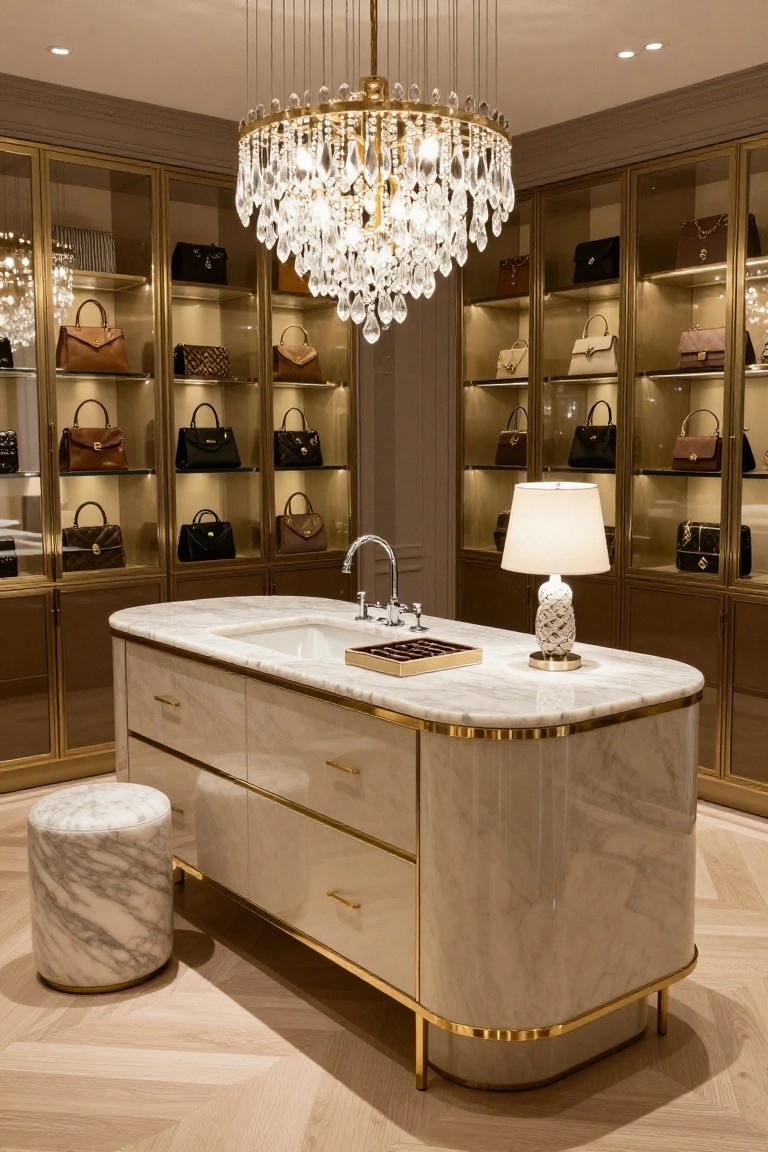Curved white marble vanity island with sink, gold frame, drawers, and upholstered stool in a luxury closet with glass cabinets displaying handbags and a crystal chandelier overhead.