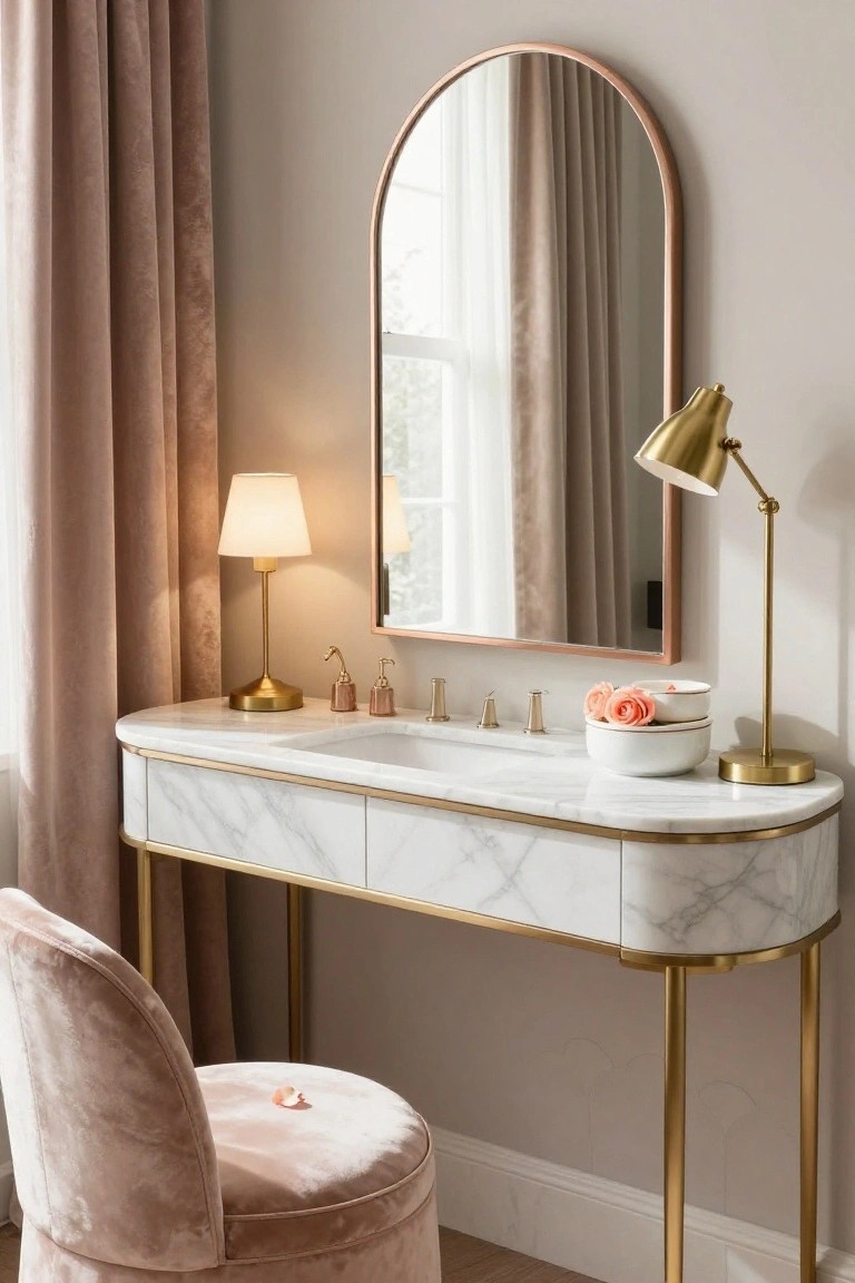 Curved white marble vanity table with gold legs and trim sits against a wall with an arched rose gold mirror above, flanked by gold lamps, pink roses in white bowls, pink velvet stool, and pink curtains beside a window.