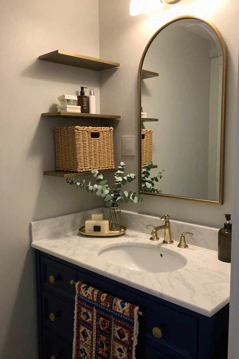 Bathroom vanity featuring a navy blue cabinet with gold knobs, white marble countertop and oval sink, gold faucet, arched gold mirror, floating gold shelves with wicker baskets and eucalyptus, and a patterned towel draped on the cabinet.