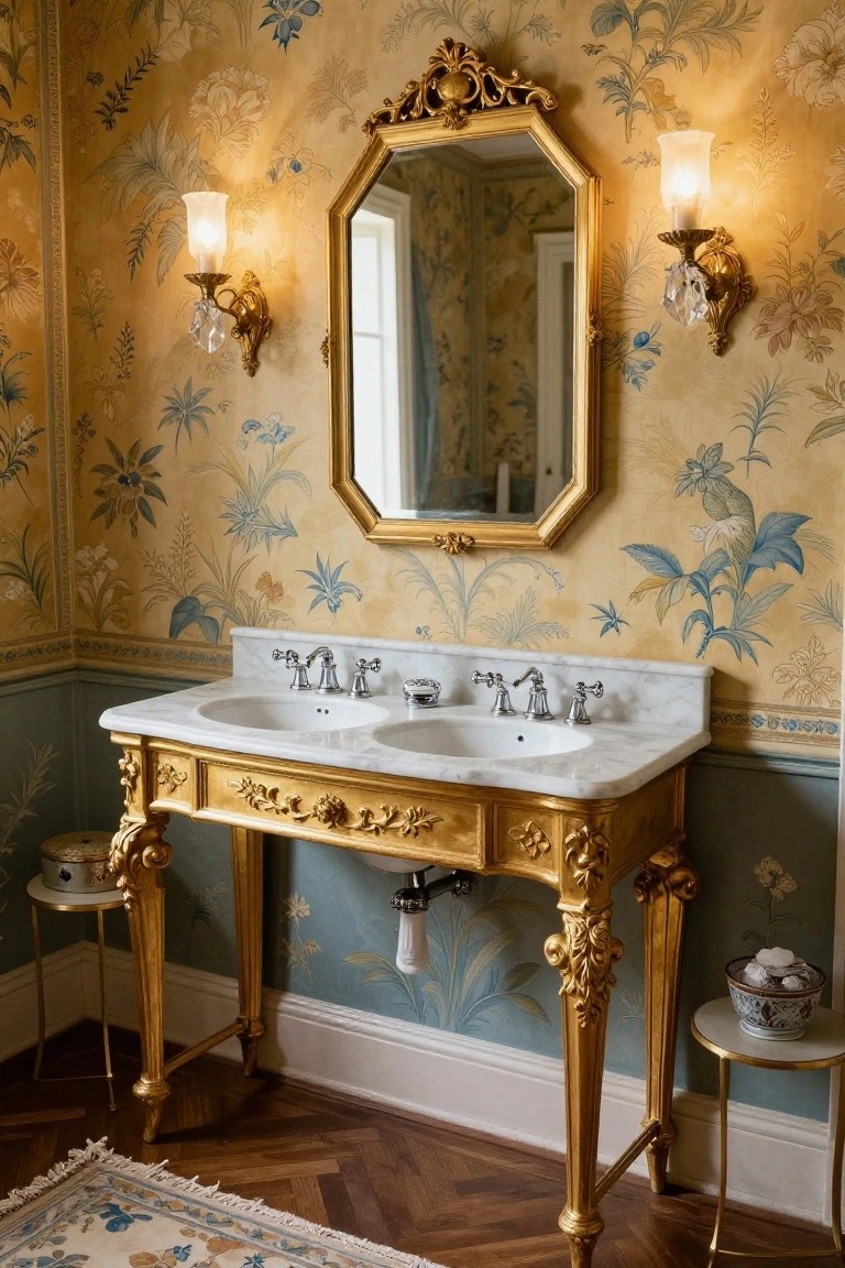 Ornate gilded wooden double vanity with marble sinks and gold faucets in a bathroom with yellow floral wallpaper, gold-framed mirror, wall sconces, and small side tables.