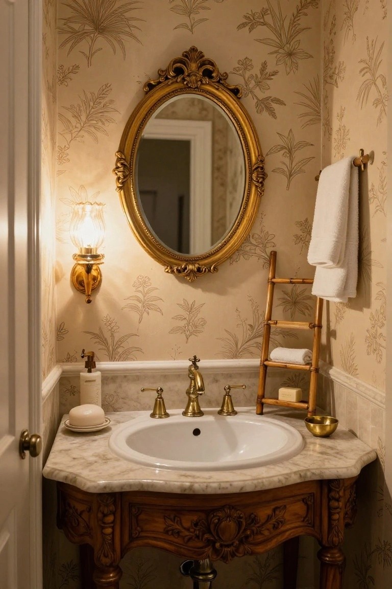 Small powder room with ornate carved wooden console vanity, white porcelain sink, brass faucets, gold-framed oval mirror, bamboo towel ladder, soap dish, and beige floral wallpaper.