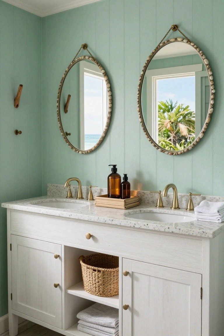 Double white wood bathroom vanity with two round white sinks, gold faucets, soap bottles on a wooden tray, and two large oval mirrors edged with shells and brass on pale green shiplap walls, with ocean view through adjacent windows.