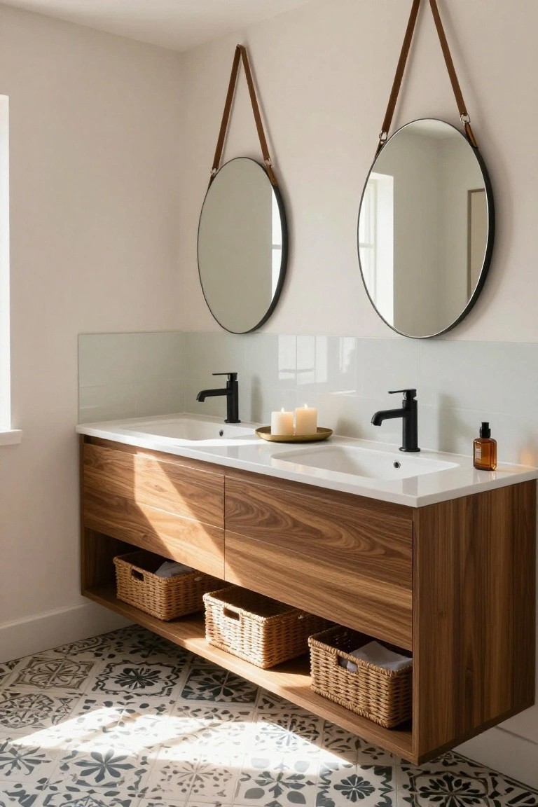 Bathroom double vanity in light wood with two white sinks and black faucets, two large round mirrors with black frames suspended by brown leather straps above a frosted glass backsplash, candles and a dish on the counter, wicker baskets in open shelves below, and blue-and-white patterned tile floor.