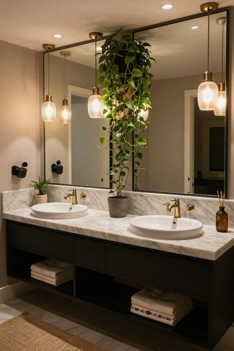 Double white sinks on a white marble countertop atop black floating cabinets, with a large rectangular mirror surrounded by hanging gold pendant lights and a trailing green plant, gold faucets, small potted plants, and folded towels in open shelves.