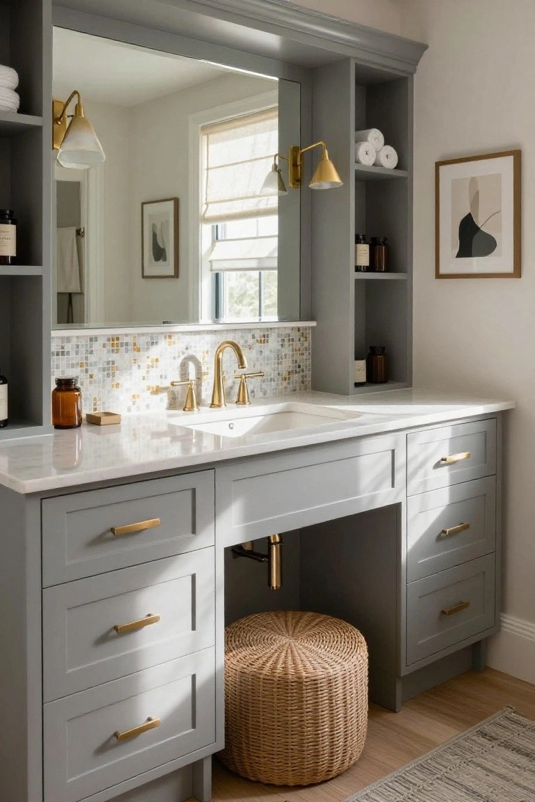 Gray shaker-style cabinets with gold pulls form a built-in vanity unit with white marble countertop, gold faucet and handles, open shelving above, and a round wicker pouf stool in the open leg space below.