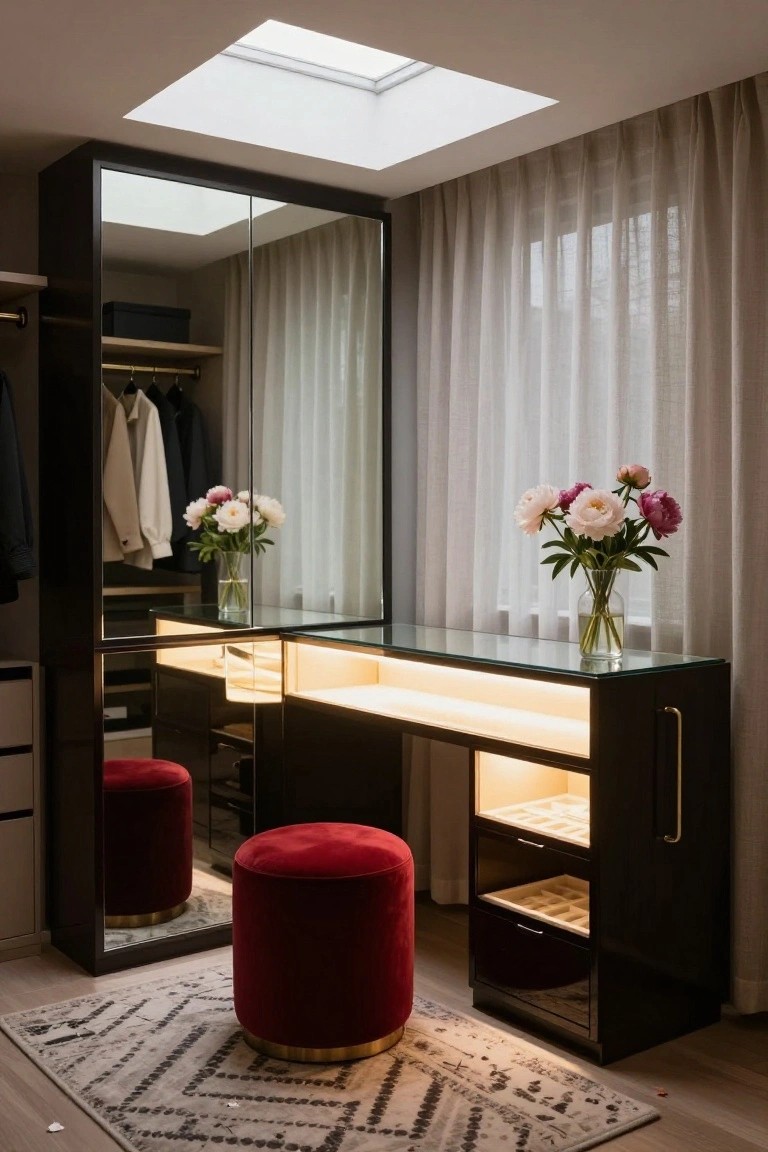 Modern walk-in closet with black mirrored wardrobes, glass-topped vanity desk featuring LED underlighting and jewelry drawers, red velvet pouf stool, and vases of peonies on the desk and mirrored shelf.