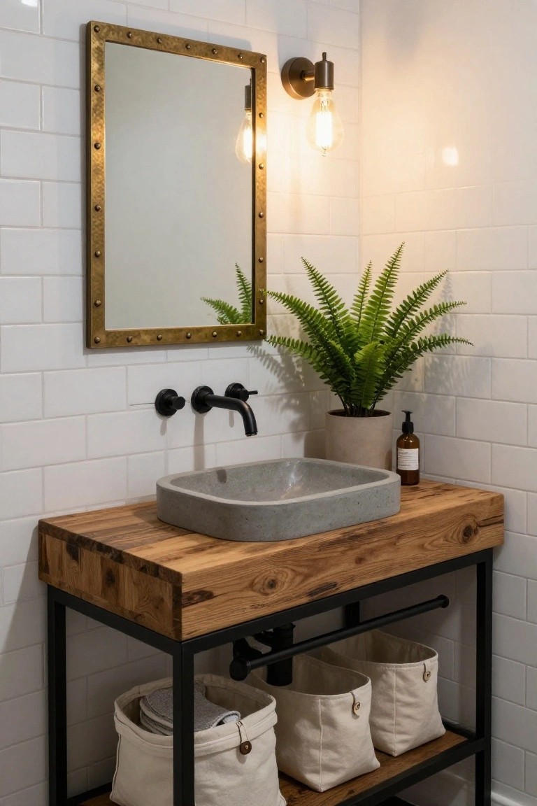 Bathroom vanity with rectangular gray concrete sink in wooden countertop on black metal frame with legs, open shelves holding white canvas bins, black faucet, potted fern, soap bottle, and brass-framed mirror against white subway tile wall.