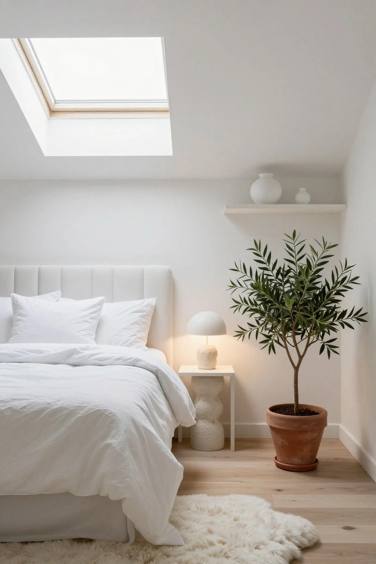 A minimalist bedroom with white walls, tufted white headboard, white pillows and duvet on the bed, white nightstand with mushroom-shaped lamp and white sculpture, large potted olive tree, white floating shelves with white vases, light wood floor, white sheepskin rug, and skylight overhead.