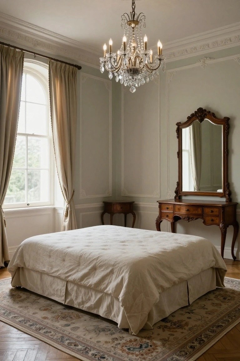 A pale green bedroom with a white upholstered bed on a Persian-style rug, antique wooden vanity and mirror, small side tables, chandelier, and tall curtained sash windows over parquet flooring.