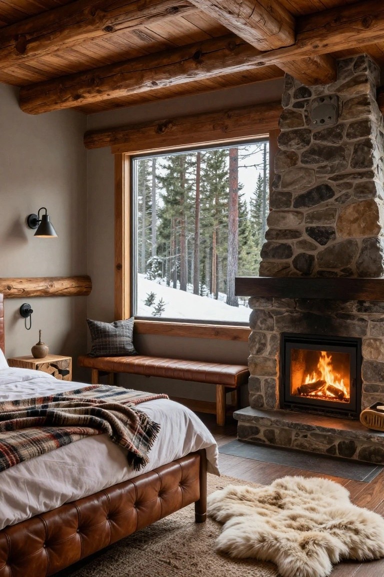 Cozy bedroom with wooden beam ceiling, tan leather tufted bed draped in plaid blanket, bench seat, stone fireplace with burning logs, and large window showing snowy pine forest.