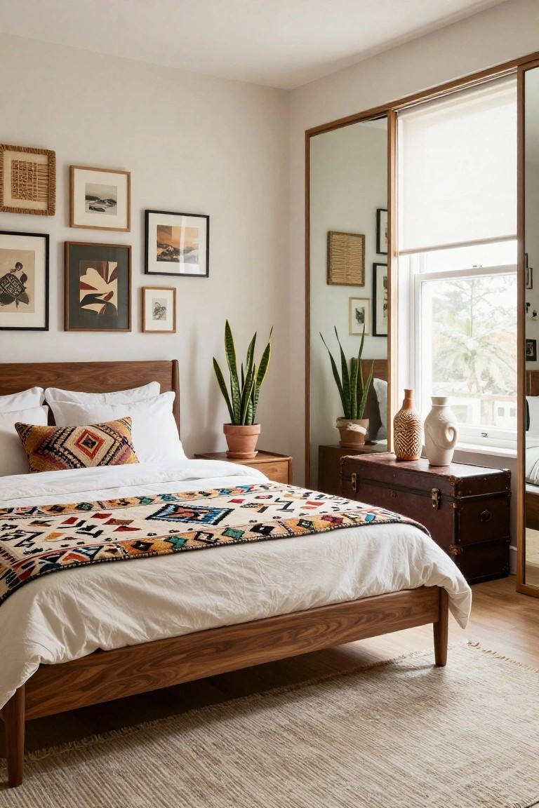 A bedroom interior with a low wooden bed frame covered in white sheets and a colorful patterned blanket, an eclectic wall arrangement of assorted framed artwork including black and wood frames, two potted snake plants on a wooden nightstand, a vintage leather trunk, and a sliding mirrored wardrobe door next to a window with blinds.