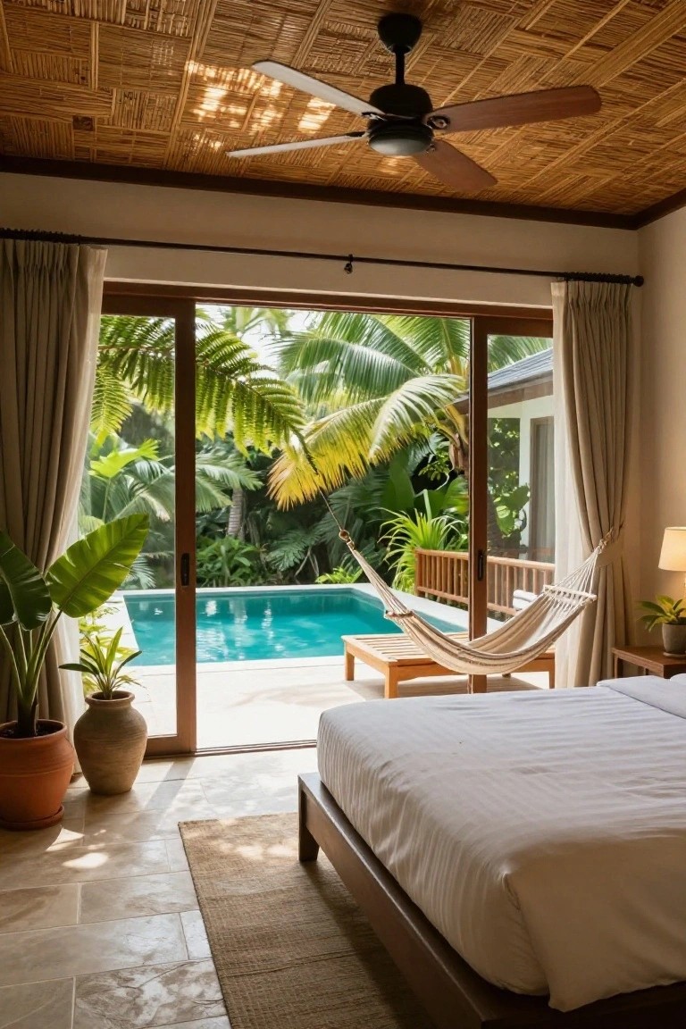 Luxury bedroom interior with woven bamboo ceiling, ceiling fan, large white bed on stone floor, potted plants, open wooden-framed sliding glass doors to turquoise pool, hammock, and surrounding tropical plants and palms.