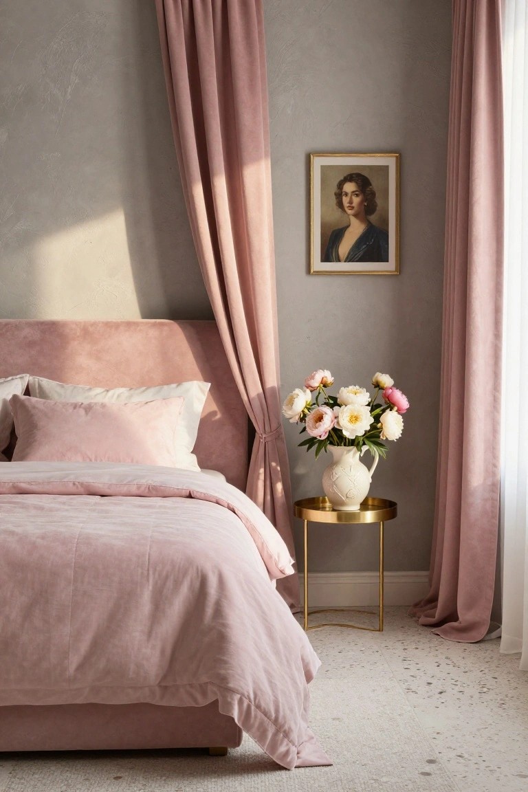 Bedroom with blush pink velvet upholstered bed and pillows, matching pink curtains, gold side table holding white vase of peonies, framed woman portrait on light gray textured wall, and speckled floor.
