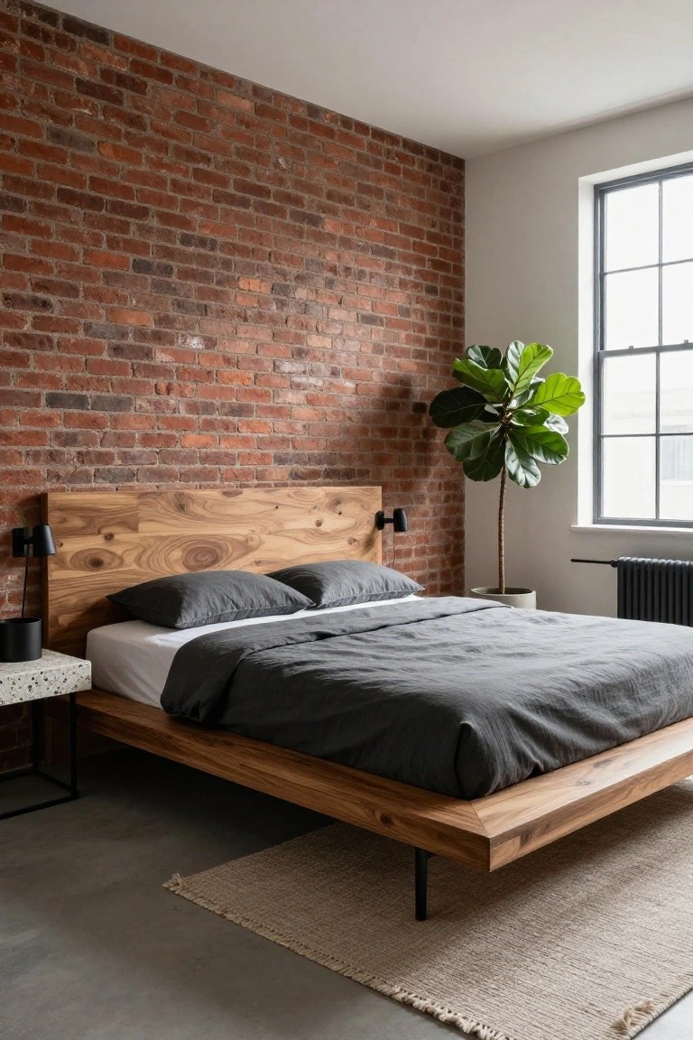 Bedroom with red exposed brick accent wall behind low wooden platform bed dressed in gray linens, black wall lamp, fiddle leaf fig plant in white pot, and large steel-framed window.