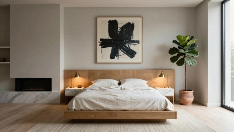 Minimalist bedroom with low white marble platform bed draped in white linens, gas fireplace in wall, large potted fiddle leaf fig plant, brass desk lamp on cubic nightstand, and large abstract black and white painting on wall.