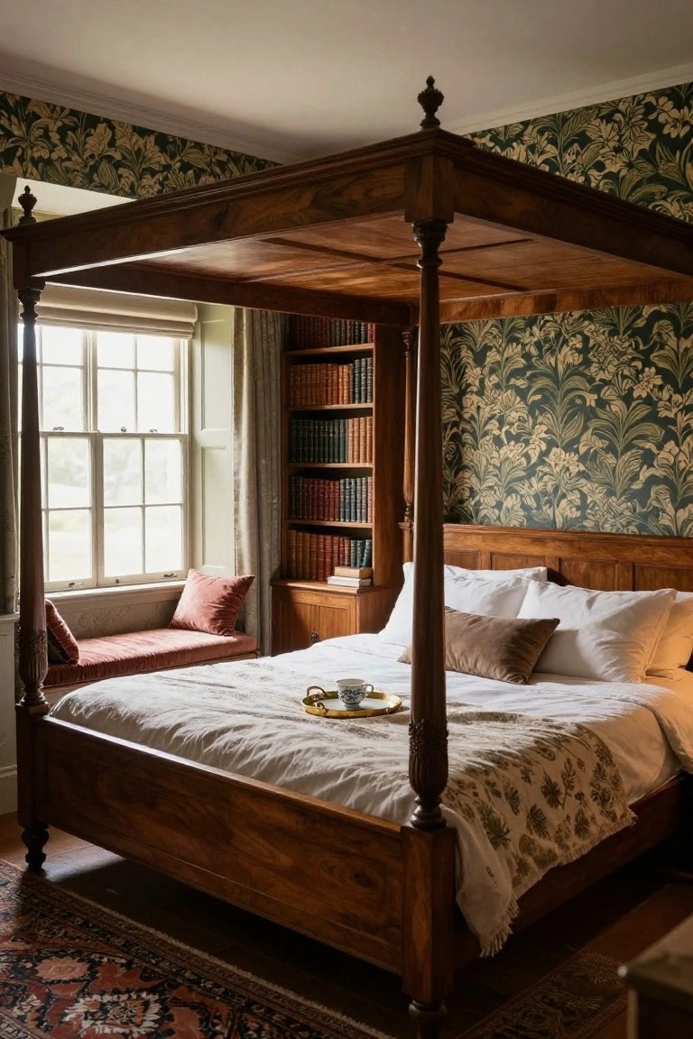 Wooden four-poster bed with white linens and a tea tray in a bedroom with green floral wallpaper, bookshelves, pink window seat by multipane windows, and patterned rug on wood floor.