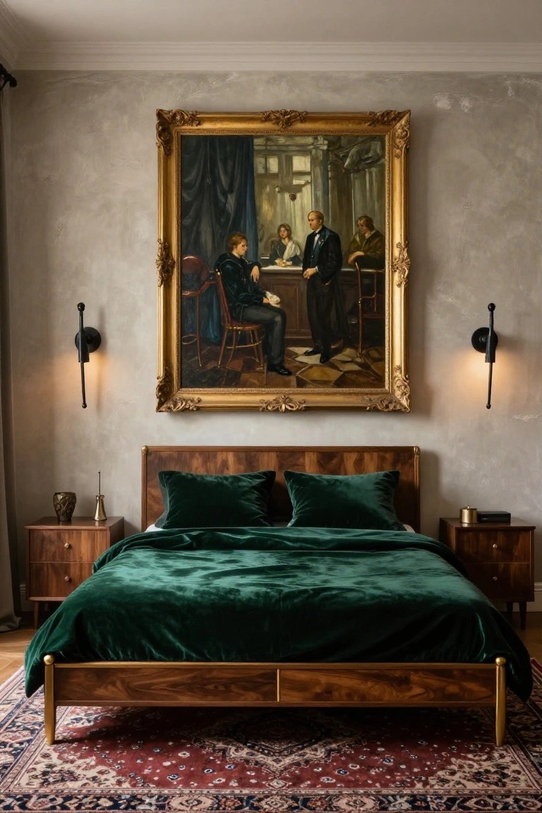 A bedroom with emerald green velvet bedding on a wooden bed frame under a large ornate gold-framed painting of historical figures, flanked by matching nightstands, black wall sconces, and a red Persian rug on hardwood floors.