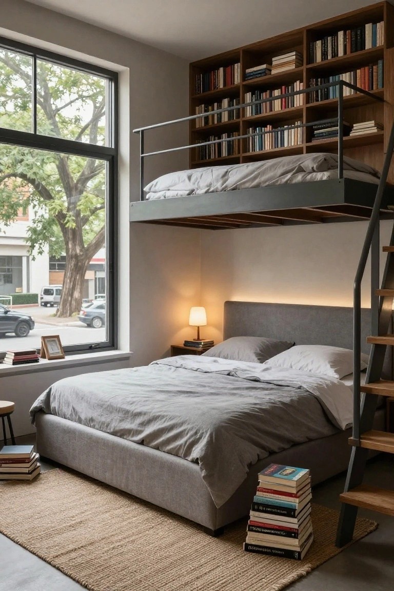 Modern bedroom with a loft bed platform integrated into wooden bookshelves above a gray upholstered queen bed, metal staircase, large window with street view, and stacks of books on the floor.