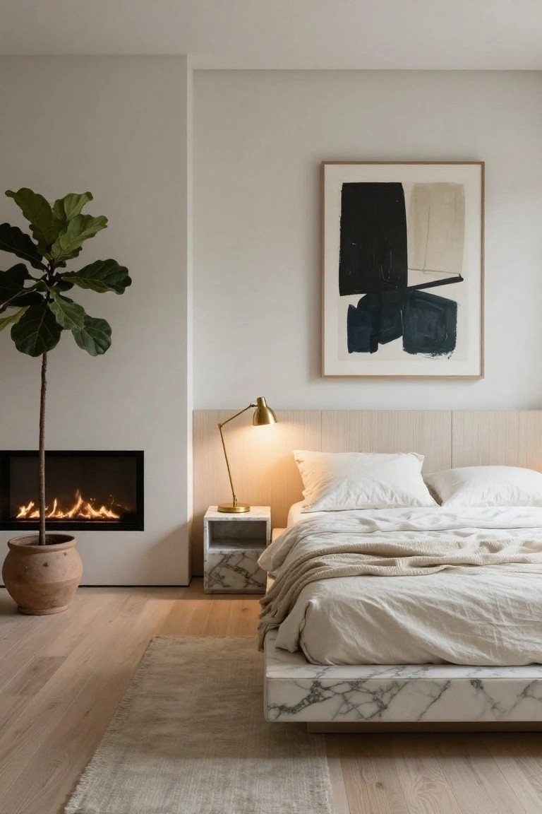 Minimalist bedroom with low white marble platform bed draped in white linens, gas fireplace in wall, large potted fiddle leaf fig plant, brass desk lamp on cubic nightstand, and large abstract black and white painting on wall.